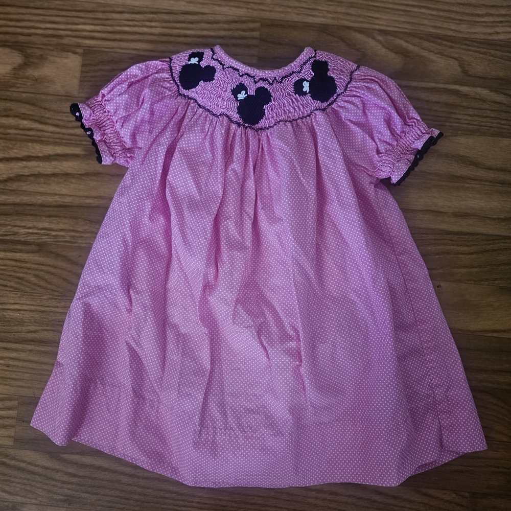 Pink Smocked Dress with Black Mouse Embroidery